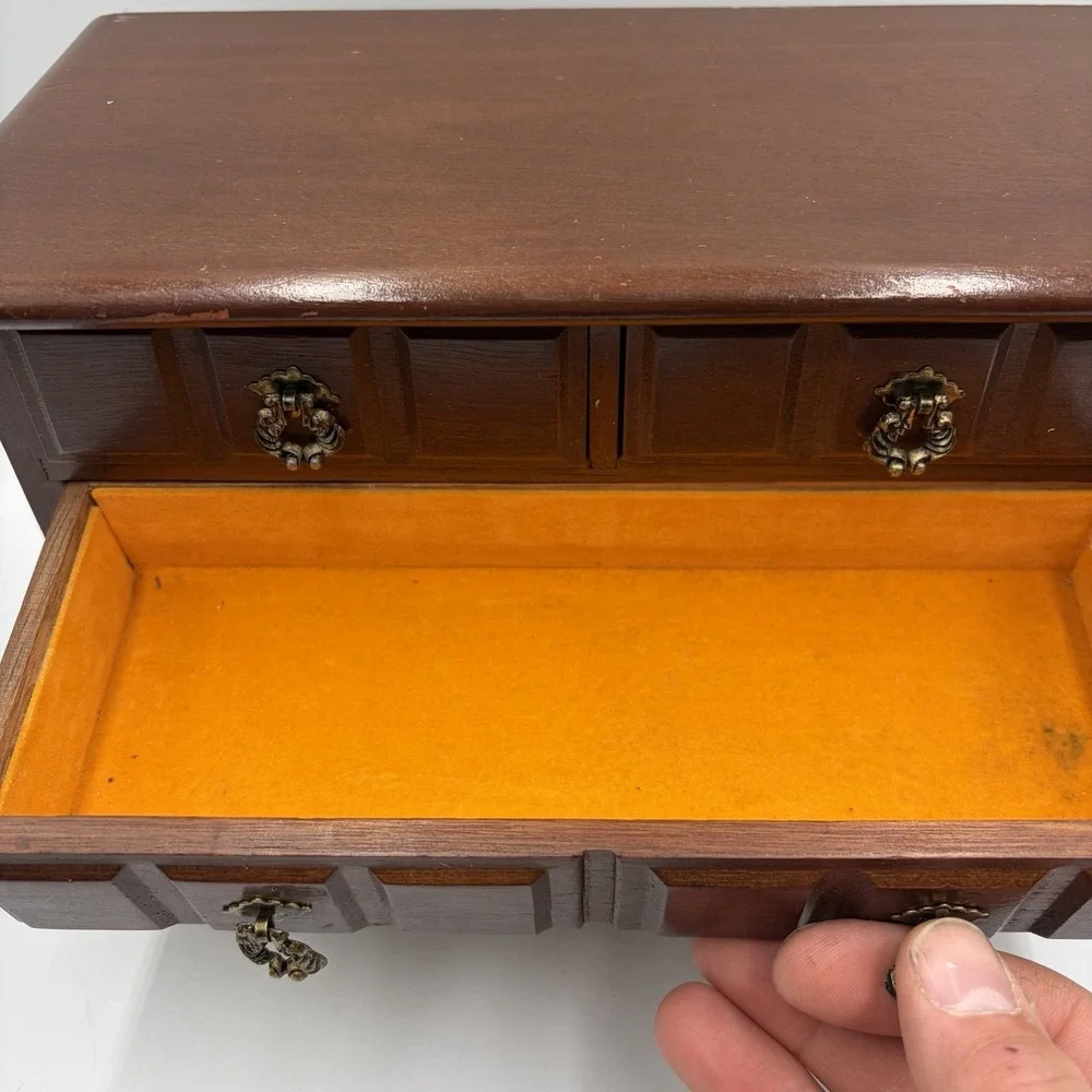 Vtg Brown Wood Rectangle Jewelry Box Organizer w/ Drawers Music Box‎ MCM Cottage